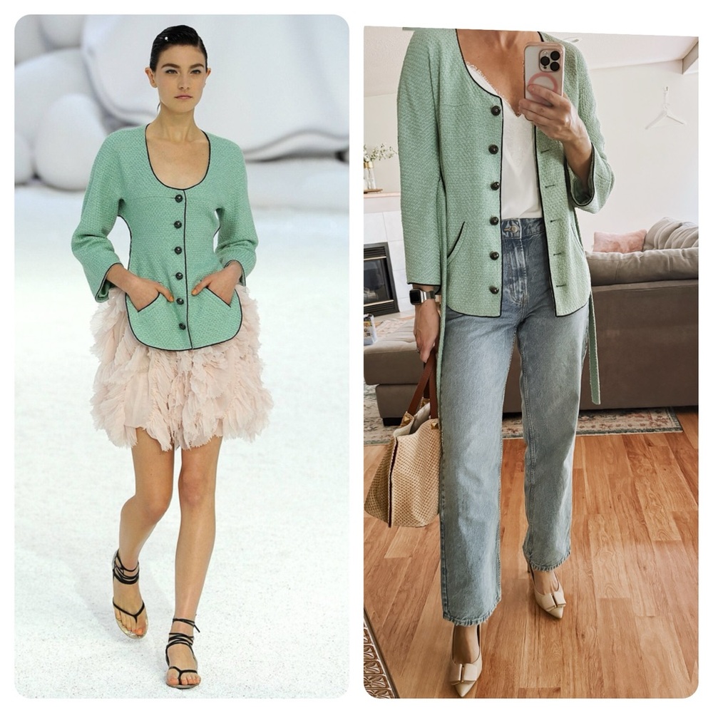 CHANEL Mint green black trim tweed belted blazer jacket 2012 spring